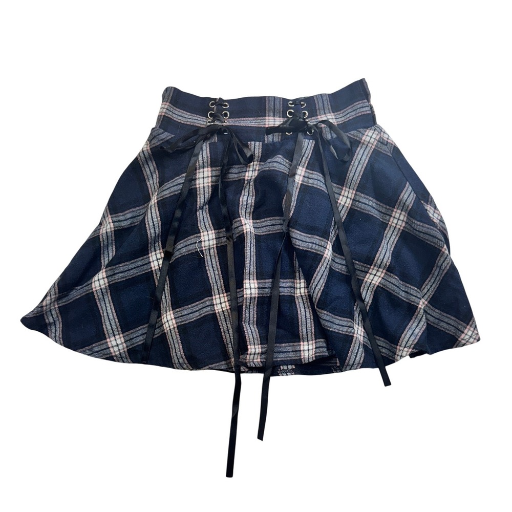 Rumwe Plaid Mini Skirt Lace Up Waist Flared A-Line Skater Skirt‎ Size S